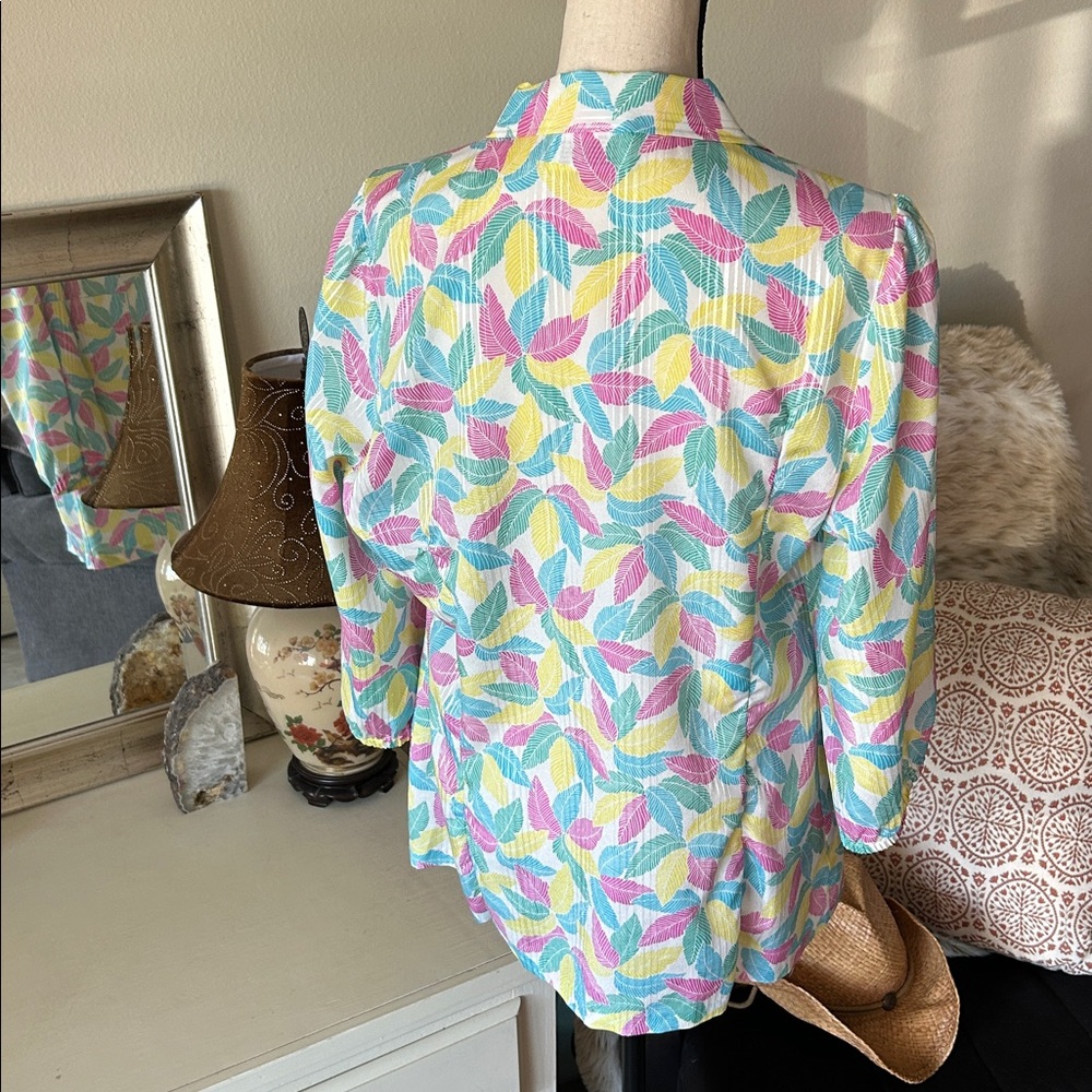 Frayne Vtg white, tropical leaf granny button-down shirt, USA made XL - Picture 6 of 13